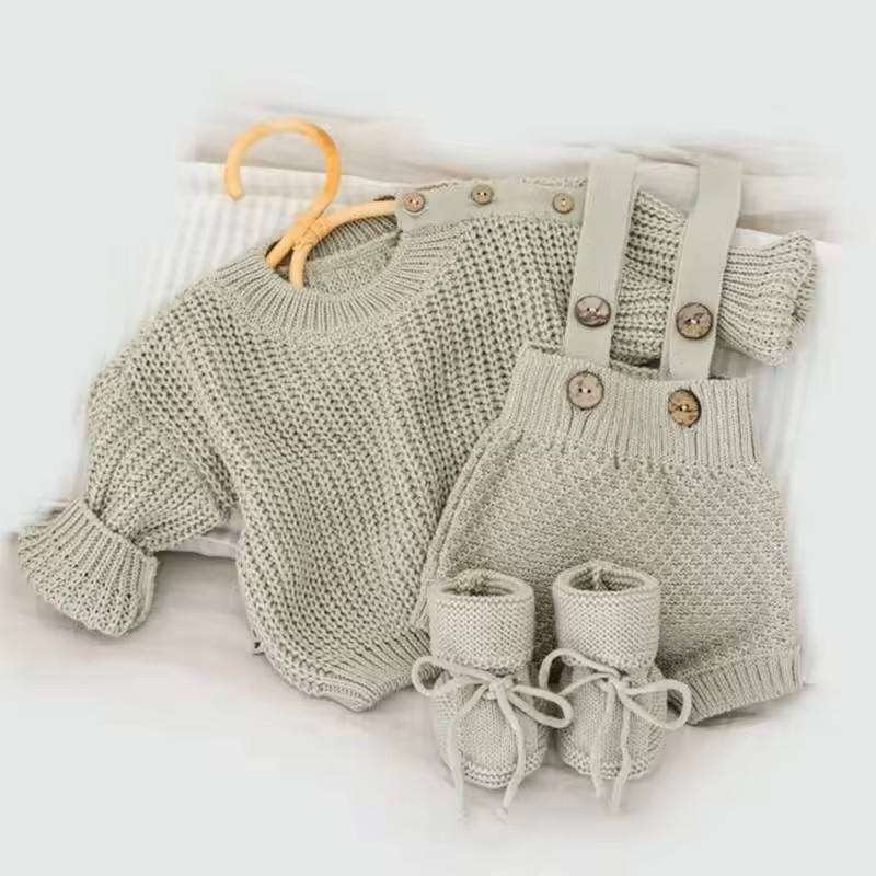 SellerSupply Newborn Gift High Quality Odm Unisex 100% Cotton Chunky Knit Boys Girls Sweater Set Overalls Infants Toddles Bloomer Romper Set - Buy Product on
