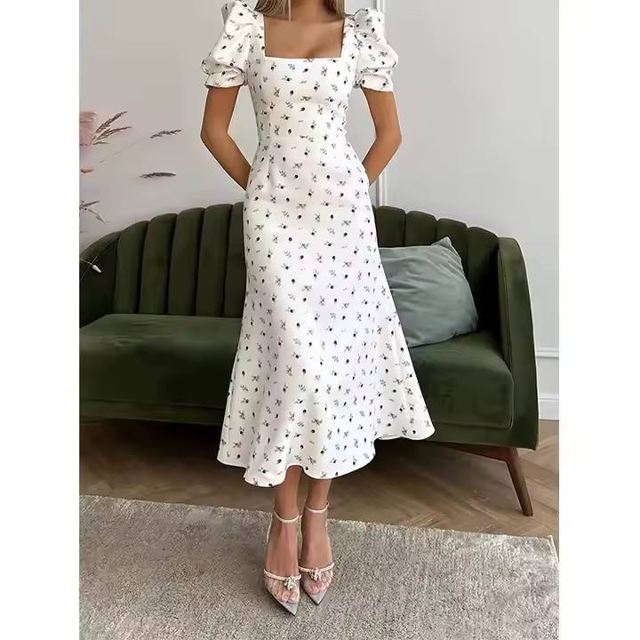 SellerSupply Elegant Flowy Dress Hot Sale S M L Casual Short Puff Sleeve Floral Print A-line Dress New Fashion Womens Summer Midi Dress - Buy Product on