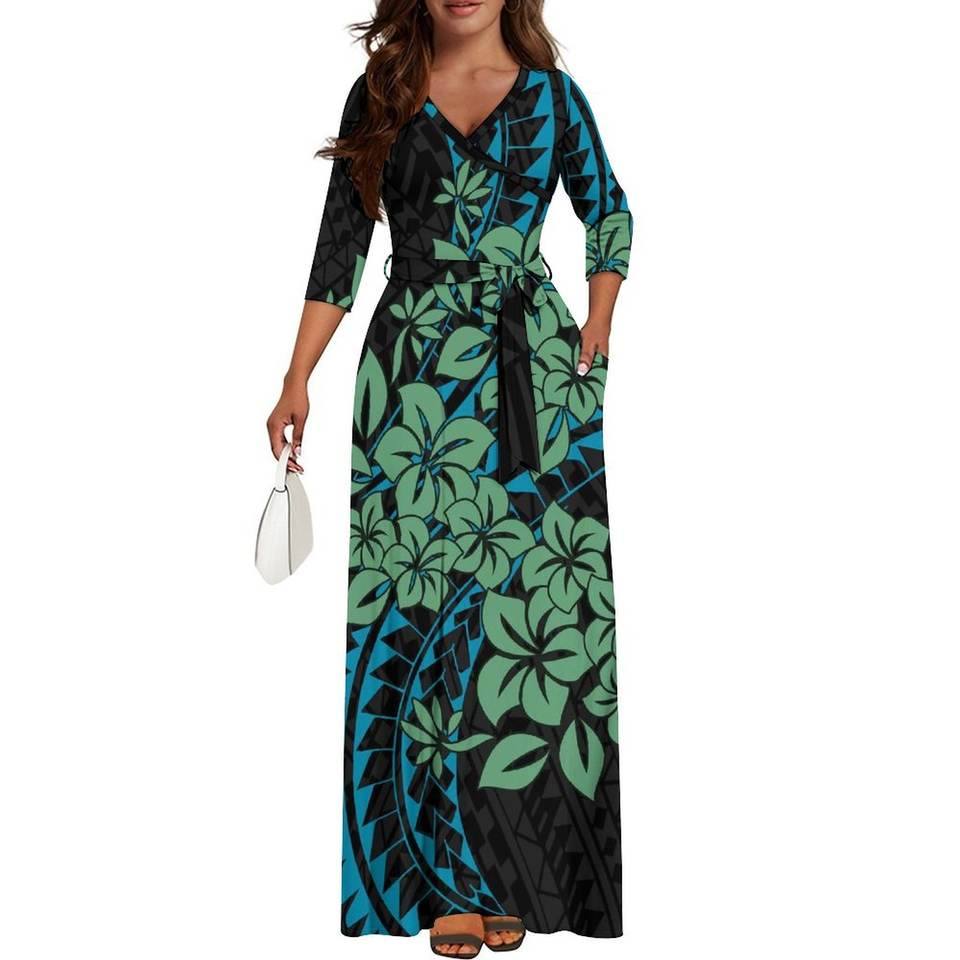 SellerSupply New Style Customized Pacific Island Polynesian Tribal Print Women V-neck Plus Size Sashes Dress Ladies Lace-up Maxi Long Dress - Buy Product on