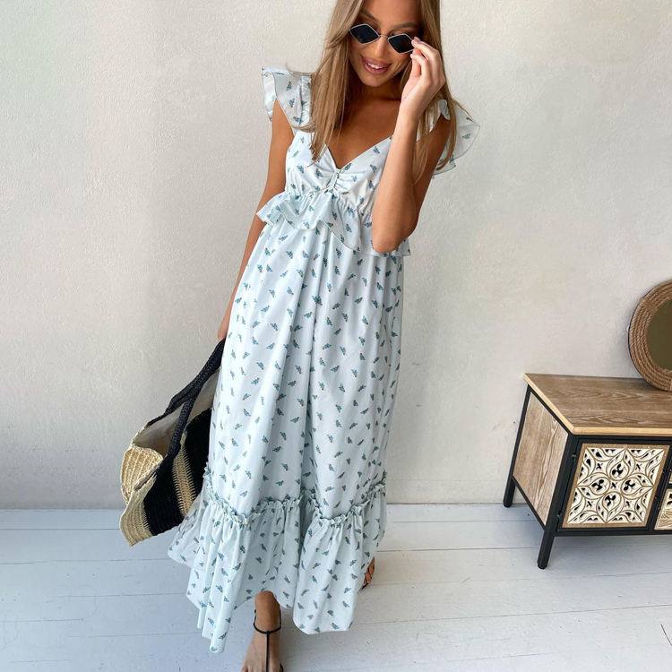 SellerSupply Bulk Clothes Ladies Casual Dresses V Neck Cap Sleeve High Waist Backless Ruffled Floral Printed Maxi Woman Long Dress 2023 - Buy Product on