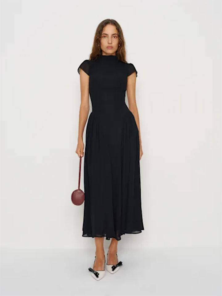 SellerSupply Women's Black Slim Fit Stand Collar Short Sleeve Pleated Midi Dress Formal Daily Casual Fit And Flare Silhouette Knitted Fabric - Buy Product on