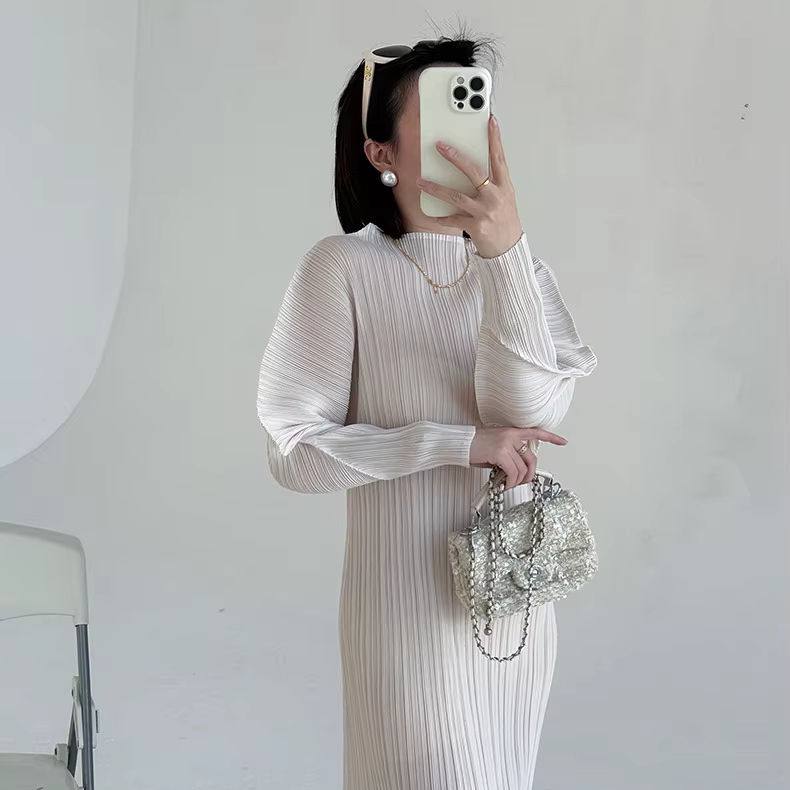 SellerSupply Elegant Cream Pleated Maxi Dress Women High Neck Long Lantern Sleeve Miyake Style Designer Long Dress Party Gown - Buy Product on