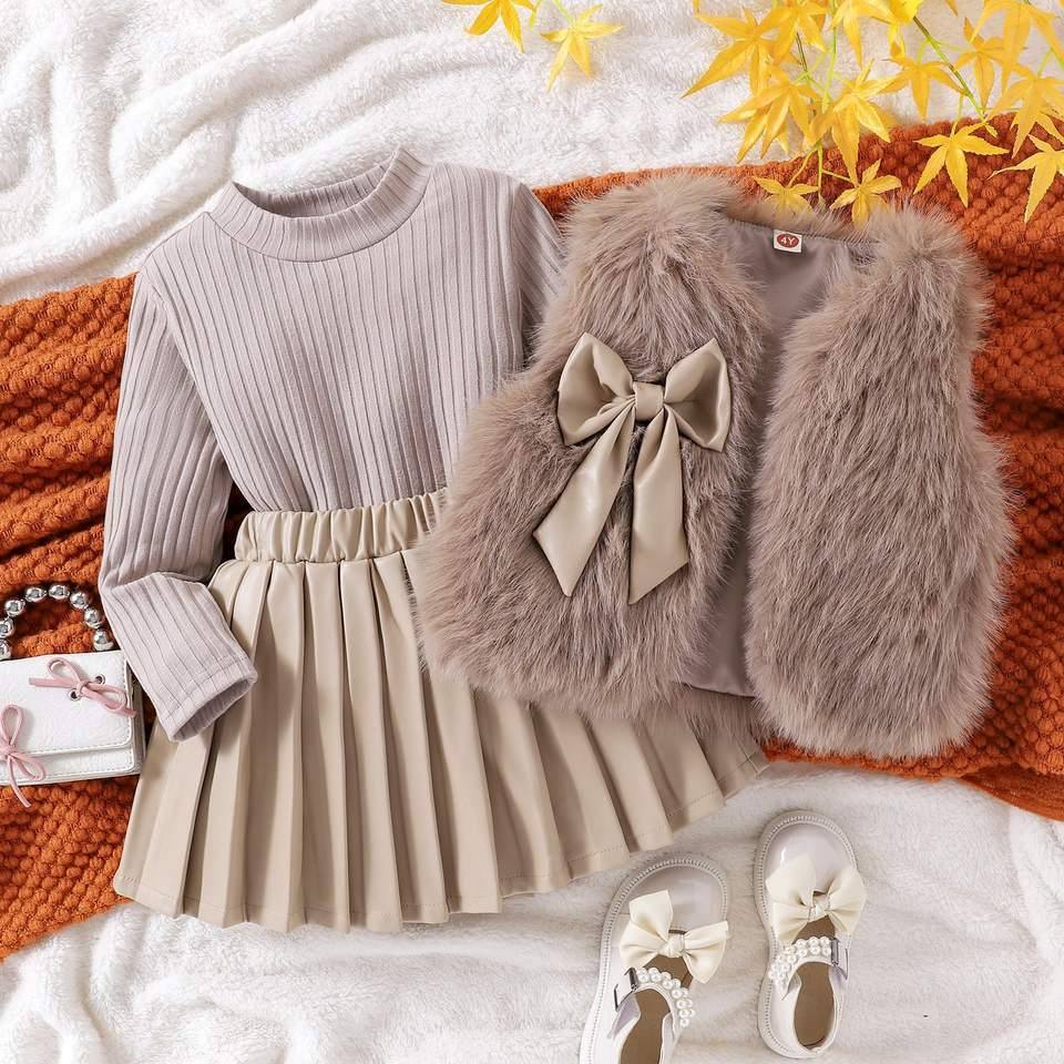 SellerSupply Autumn And Winter New Girls Suit Solid Color Wool Sweater With Long-sleeved Top And Leather Skirt Three-piece Suit - Buy Product on