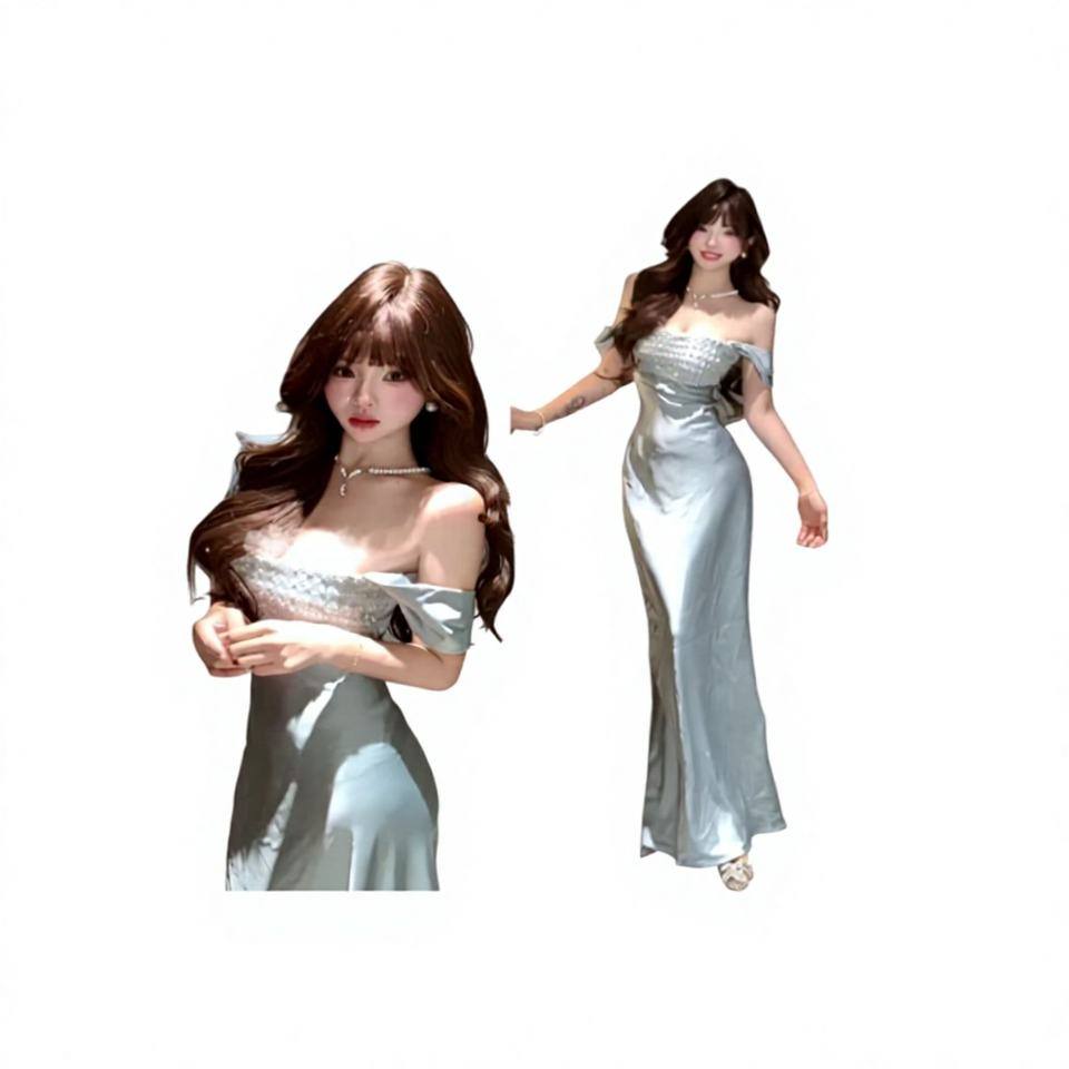 SellerSupply French Sexy Lace Blue Satin Strap Dress For Women Summer New Model Light Luxury Elegant Party Gown Long A-line Slim Fit High - Buy Product on