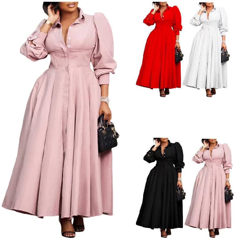 SellerSupply Trendy Elegant Casual Dresses Women Summer Solid Color Long Sleeve A-line Maxi Shirt Dress Ladies Office Dress For Women - Buy Product on