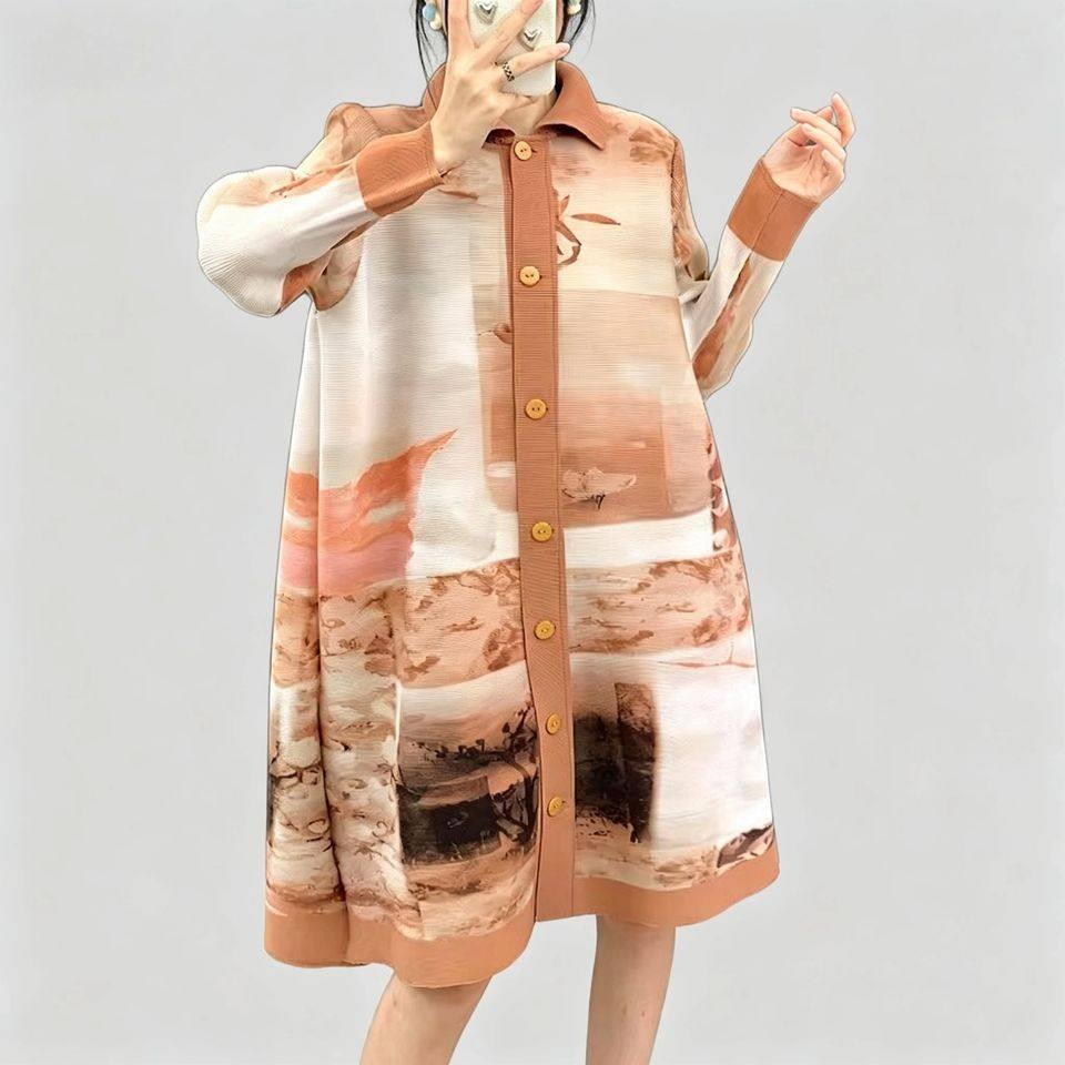 SellerSupply Pleated Chic Elegant Sunset Scenery Print Pleated Dress Modest Outer Coat Dual-wear Shirt Dress Long Sleeve Miyake Pleated Dress - Buy Product on