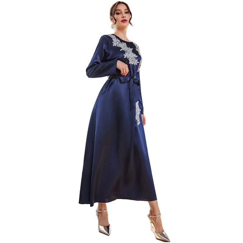 SellerSupply Mag Navy Blue Satin Long Sleeve Maxi Dress With White Floral Embroidery Belted Elegant Modest Formal Evening Party Gowns Lady - Buy Product on