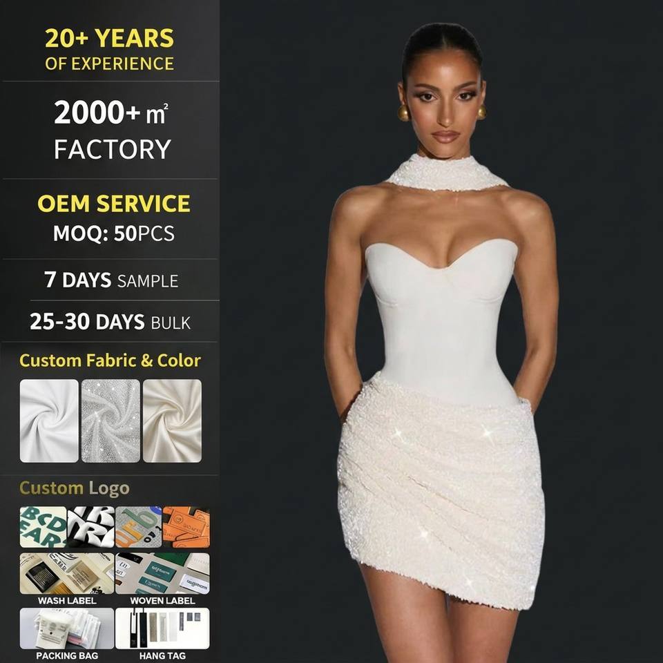 SellerSupply Custom Sexy White Strapless Sequin Dress Patchwork Corset Bustier Ruched Mini Party Dress With Choker Clothing Manufacturer - Buy Product on